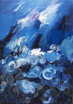 an abstract painting with blue, black and white swirls in the sky above clouds