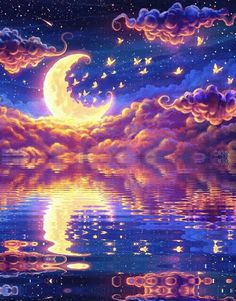 a painting of the night sky with clouds and a half moon reflecting in the water