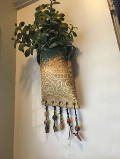 a potted plant hanging from the side of a wall with keys attached to it