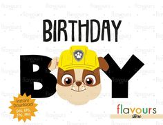 a dog wearing a yellow hat with the words birthday boy