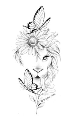 a drawing of a lion with butterflies on its head