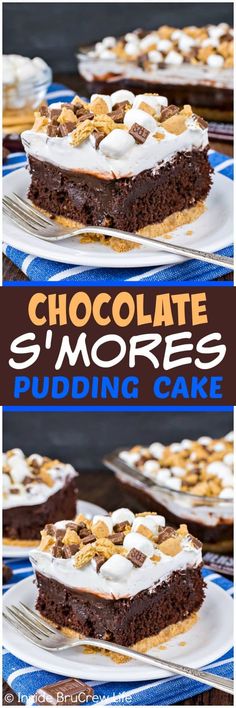 chocolate s'mores pudding cake on a plate