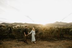 a man and woman holding hands walking through an orchard