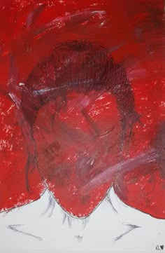 a drawing of a woman's head with red hair and white shirt on it