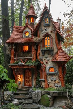 a fairy house in the woods with lights on