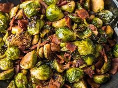 brussel sprouts with bacon in a pan