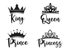 four different princess crowns with the words king, queen and prince written in black ink