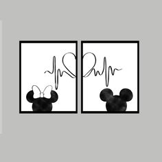 two mickey mouse posters with heartbeats on the back and one in black and white