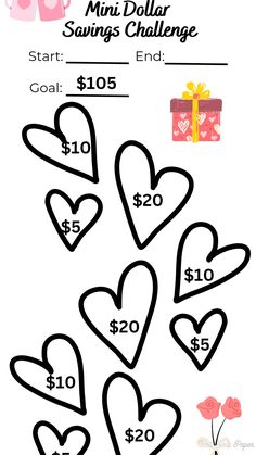 valentine's day coup sheet with hearts and gifts for $ 10 to $ 20