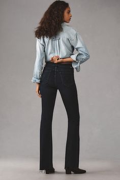 94% cotton, 5% polyester, 1% elastane Five-pocket styling Front zip Machine wash USA | Weekender Fray Mid-Rise Flare Jeans by MOTHER in Blue, Women's, Size: 32, Polyester/Cotton/Elastane at Anthropologie Mid Rise Flare Jeans, Latest Jeans, Mother Jeans, Frayed Jeans, Global Brands, Mid Rise Jeans, 50 Fashion, Black Skinnies, Flare Jeans