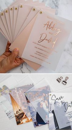 the wedding stationery is laid out on top of each other