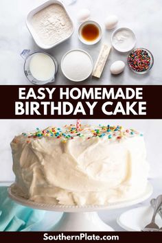 an easy homemade birthday cake with white frosting and sprinkles