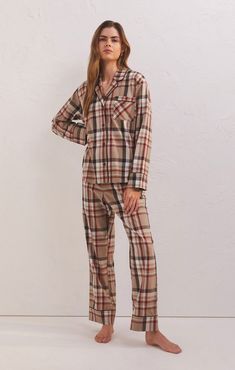 Z Supply-Z Supply Dreamer Plaid PJ Set - Leela and Lavender Plaid Set, Christmas Pajama Set, Silk Bottoms, Plaid Pajamas, Contrast Piping, Plaid Design, Plaid Christmas, Flannel Fabric, Pj Sets