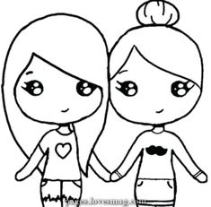 two cartoon girls holding hands with hearts on their heads and one girl has her hand in the other's pocket