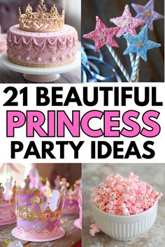 princess party ideas with pink and blue decorations, cake, cupcakes and other items