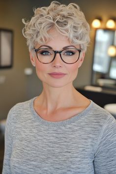 42. Curly Tapered Cut with Frosted Tips - Hairstyles For Women Over 50 With Glasses Haircut For Women With Glasses, Glasses For Long Faces, Short Layered Curly Hair, Frosted Tips, Curly Shag Haircut, Curly Pixie Haircuts