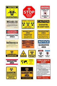 various warning signs and stickers on a white background