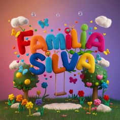 the word family slav is made out of crocheted letters and trees in front of a purple background