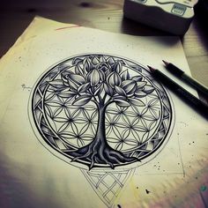 a pen and ink drawing of a tree of life in a circle with geometric shapes