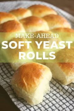 homemade soft yeast rolls on a towel with text overlay