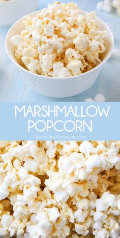 marshmallow popcorn in a white bowl on a blue table with the title above it