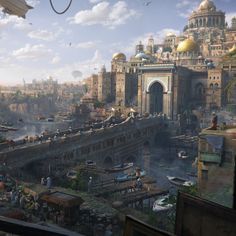 an image of a city with lots of buildings and people walking around in the foreground