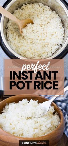 rice is being cooked in an instant pot with the words, perfect instant pot rice