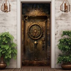 there is a door with a clock on it and some plants in front of it