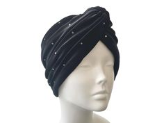 Black velvet turban hat for women. ♡Life isn't boring and I think hair accessories shouldn't be either - funk up your head wrap collection with some of the IamMe colourful turban hats! ♡MATERIAL: This is a double-layer design (it is lined) luxury velvet twist turban.  ♡SIZE: This 1940s vintage style turban will fit the standard adult's head (22-23'').  Due to monitor differences, actual colours may vary slightly from what appears online. ♡WASHING INSTRUCTIONS : Please wash with mild detergent by One Size Black Turban For Party, Traditional Adjustable Black Turban, Green Bohemian Turban One Size, Luxury Evening Women's Turban, Adjustable Pink Turban, Velvet Turban, Turban Headwrap, Turban Hat, Turbans