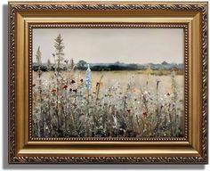 a painting of a field with flowers and trees in the foreground, on a gold frame