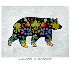 a painting of a bear with flowers and leaves on it