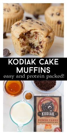 kodiak cake muffins with chocolate chips, milk and cookies on the side