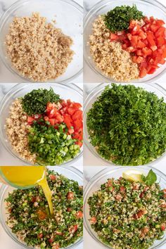 six bowls filled with different types of food including rice, broccoli and tomatoes