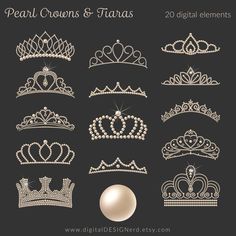 various tiaras and crowns are shown on a black background with the text pearl crown & tias