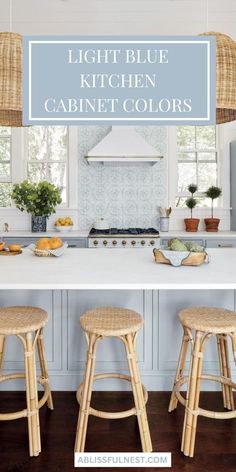 the light blue kitchen cabinets and stools are all in different colors