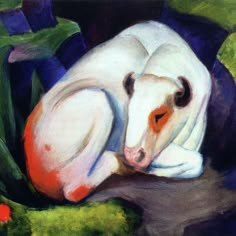 a painting of a white and brown dog laying down