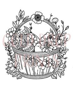 a basket filled with flowers and birds