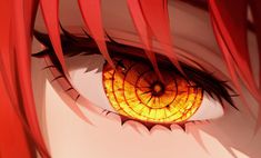 an anime character's eye with long red hair and orange eyeshade, close up