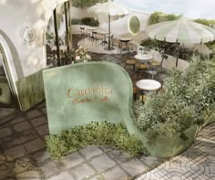 an artist's rendering of a restaurant with tables and umbrellas in the background