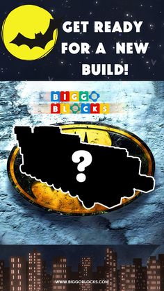 Teaser for Biggo Blocks’ upcoming Batmobile build with a silhouette of the design against a Gotham-inspired backdrop. Something Big, New Builds, Gotham, Step Guide, Stay Tuned, Building