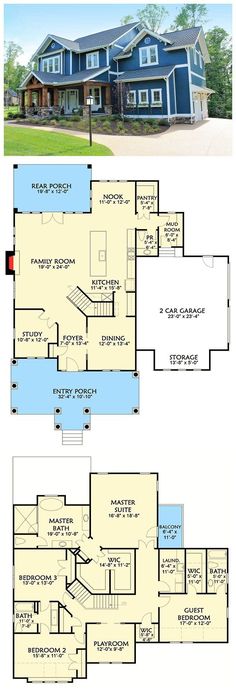 two story house plans with blue walls and white trimmings on the second floor