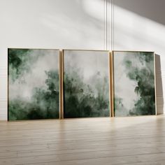 three paintings hanging on the wall next to each other in an empty room with wood flooring