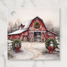 a painting of a red barn with wreaths on it