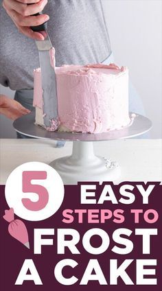 a person cutting a frosted cake with the title 5 easy steps to frost a cake