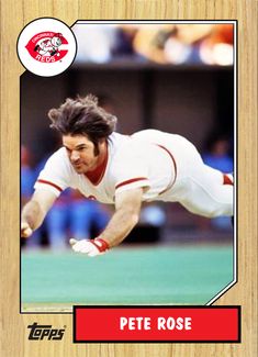 a baseball card with a photo of pete rose on the front and an image of a man diving for a ball