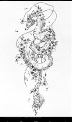 a drawing of a dragon with flowers on it