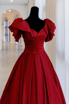 Elegant Vintage Dresses Red, Red Prom Ball Gown Dress, Prom Season Dresses With Pleated Bodice For Banquet, Elegant V-neck Corset Dress With Fitted Bodice, Pleated Bodice Dress For Banquet And Prom Season, Pleated Bodice Dress For Banquet During Prom Season, Pleated Bodice Dress For Prom Season Banquet, Pleated Bodice Dress For Prom Banquet, Knee-length Evening Dress With Ruffles For Wedding