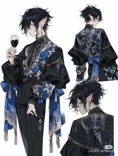 an anime character with black hair and blue flowers on his shirt, holding a glass of wine