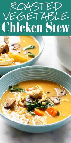 two bowls filled with chicken stew on top of a table