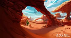 an image of a desert scene with rocks and plants in the foreground that says spark